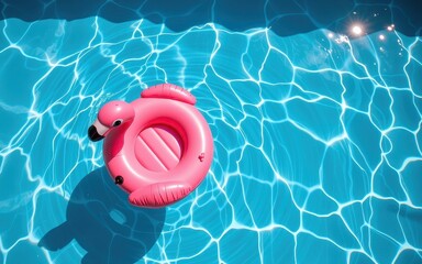 A pink flamingo float in a shimmering blue swimming pool.
