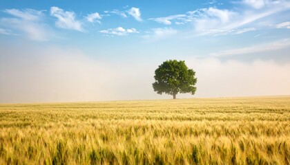 solitary tree in summer fog and mist on the field