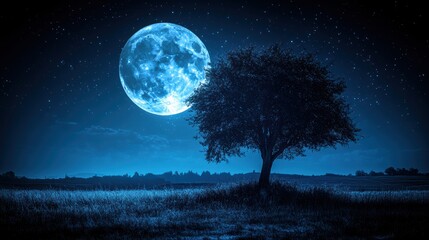 Enchanting night scene of a glowing blue moon over a grassy field with a solitary tree and starry sky