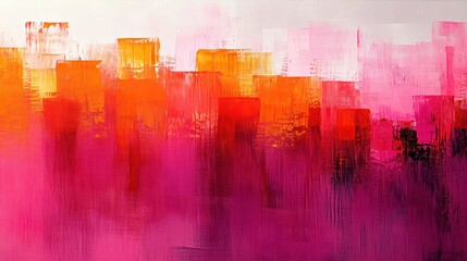 Abstract cityscape painting featuring vibrant brush strokes in shades of pink orange and red creating a modern artistic style