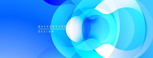 Abstract blue layers create dynamic visual effect. Smooth gradients, overlapping circles suggest depth, modern design.