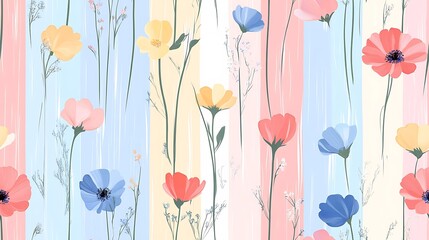 Fototapeta premium Digital abstract of wildflowers over pastel vertical stripes, bold graphic shapes, clean minimalist design, soft color contrasts. Created Using: vector art, flat design, pastel hues,