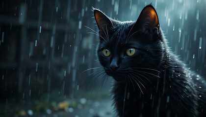 A striking black cat observing the rain with intense, focused eyes.
