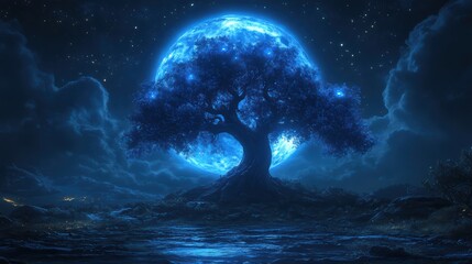 Majestic luminescent tree against a celestial blue glow on a nightscape landscape dreamy artistic scene