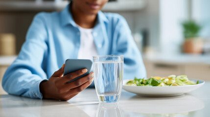 Woman using smartphone at breakfast table with salad and water.
