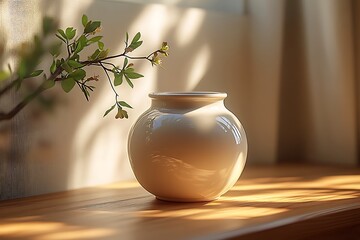 Elegant white vase on wooden surface with green leaves and sunlight

