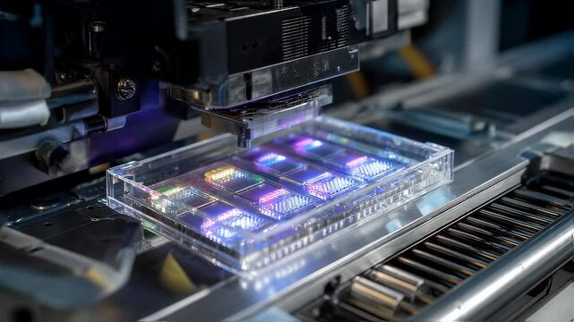 Automated machinery precisely places electronic components onto a circuit board, illuminated by vibrant, multicolored lights, showcasing advanced manufacturing processes in electronics production