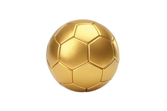 Golden soccer ball with traditional black and white pattern rendered in luxurious gold material, isolated on a transparent background