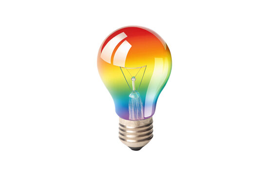 Colorful rainbow gradient light bulb with visible filament showing creative innovation and bright ideas, isolated on a transparent background