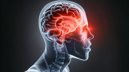 Obraz premium Medical illustration showing the pain of human eye strain. Brain and eyeball highlighted in pain with red light