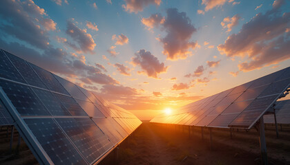 Colorful solar panels shimmer under a radiant gradient sky at sunrise, symbolizing clean energy and a bright, sustainable future.