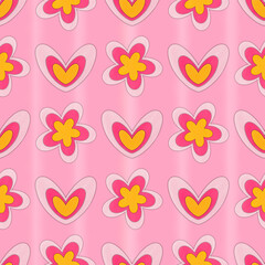 seamless pattern featuring colorful hearts and cute flowers on pink background 