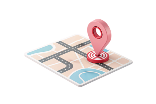 Pink location pin on detailed street map showing roads, intersections and urban navigation, isolated on a transparent background