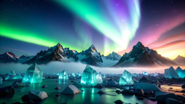 Aurora borealis over frozen mountains