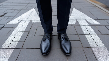 Businessman in formal shoes standing on a road with multiple white arrows symbolizing decision making.