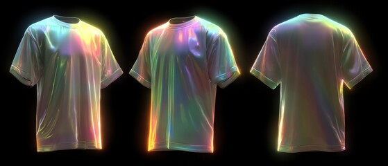 Three iridescent T-shirts displayed against a black background, showing front, three-quarter, and back views with vibrant rainbow reflections.
