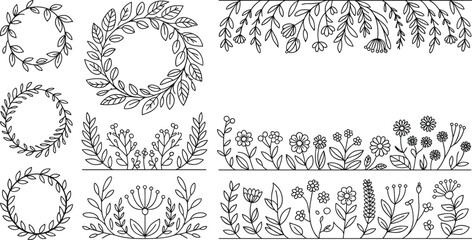 Hand-drawn floral vector illustration, botanical line art, flower wreaths and borders, vintage nature elements, spring garden decorative design set
