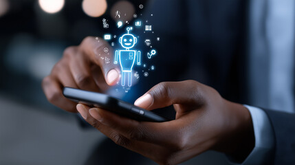 Man in a suit holding a smartphone with glowing digital communication icons floating above. 
