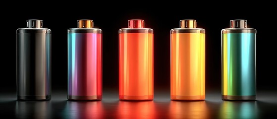 Five colorful metallic batteries lined up horizontally on a reflective surface with a black background.