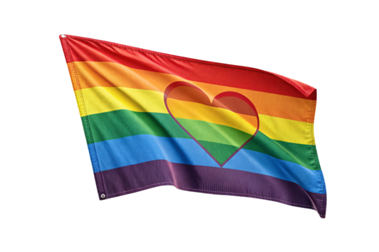 Rainbow pride flag with heart symbol waving in fabric form, isolated on a transparent background