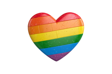 Textured rainbow heart with segmented color blocks and weathered surface appearance, isolated on a transparent background