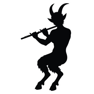 Silhouetted faun playing a flute musical instrument