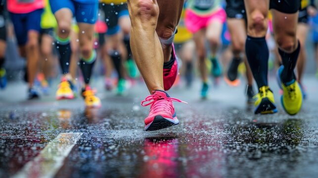 Vibrant marathon  runners dash through city streets in colorful gear under bright daylight