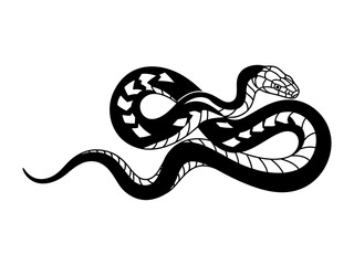 Snake drawing in tribal vector style, curved serpent with bold white pattern for modern tattoo design