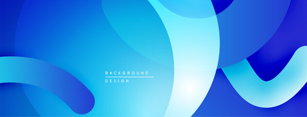 Abstract blue background. Overlapping shapes create dynamic, flowing composition. Smooth gradients offer modern aesthetic.