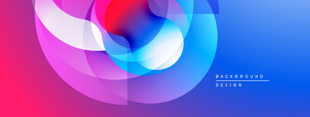 Abstract vibrant layers create flowing shapes. Blue, purple, red hues blend seamlessly. Modern design element.
