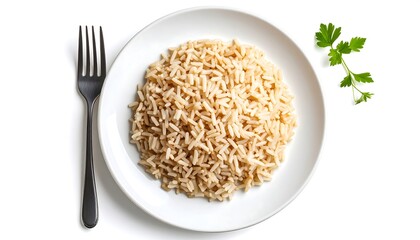 Healthy Brown Rice on White Plate with Fork  Parsley with Overhead, and Isolated.