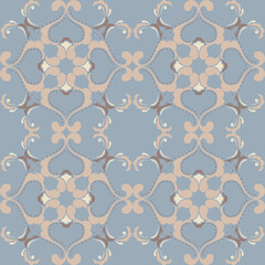 Seamless vintage damask floral tile design in light blue and earthy tones, perfect for textile prints and home decor.