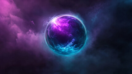 Surreal neon 3D sphere floating above pink and purple