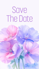 Save The Date Floral Watercolor Purple Pink Blue Bottom Vertical Text 