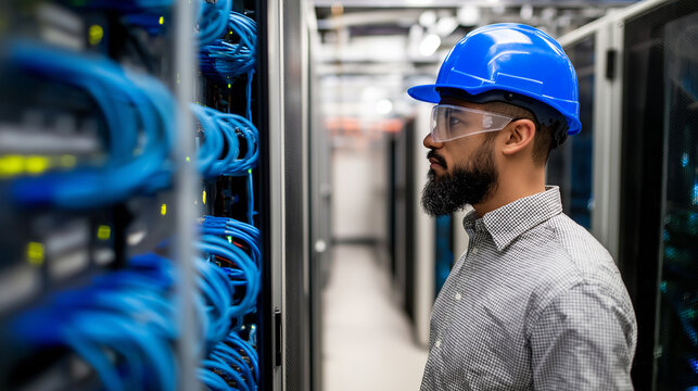 IT technician wearing hard hat and safety glasses inspecting server cables in data center.
