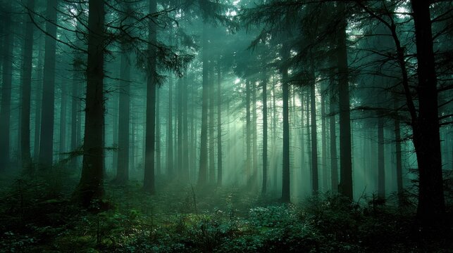Forest trees in foggy weather background image