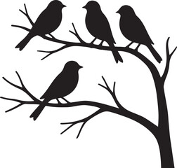 silhouette design of four birds sitting on a tree branch vector illustration.