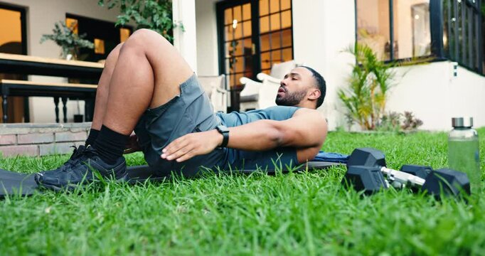 Man, stretching and floor for fitness outdoor for body balance, core strength and sports exercise. Male person, touch heels and training for strong muscles, abdomen workout and flexibility at house