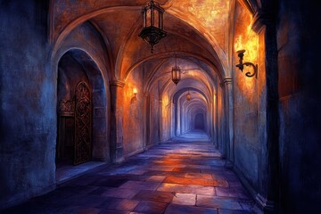 Obraz premium Mansion Haunted. Spooky Painting of Haunted Castle with Gothic Architecture and Eerie Corridor