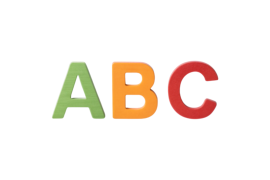 Colorful ABC letters in green orange and red arranged horizontally, isolated on a transparent background