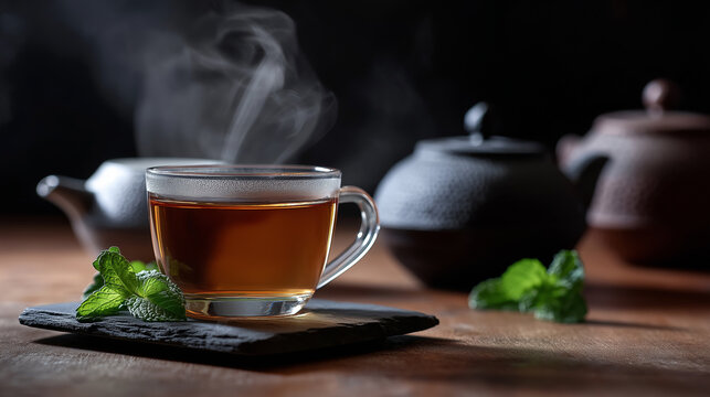 Hot cup of tea with fresh mint leaves on wooden table next to traditional teapots.
