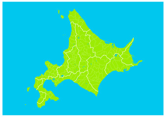 日本の北海道の地図（市町村や地域区分を線で描いている地図）

