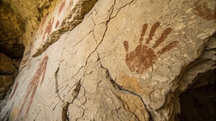 Close up ancient handprint cave wall painting with textured stone surface representing early human expression