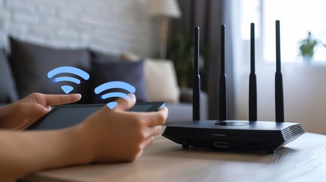 Man sets up high speed home internet with broadband wifi router and blue fiber cable connection