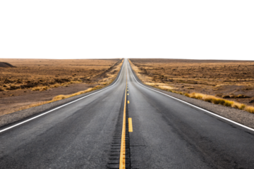 Empty desert highway with yellow center line disappearing into distance through sparse vegetation and rolling hills, isolated on a transparent background