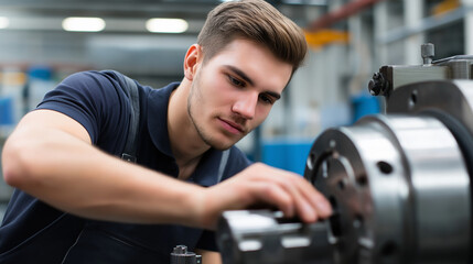 Fototapeta premium Young male technician operating industrial machine in modern manufacturing facility. 