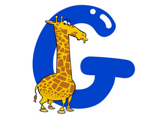 Giraffe Leaning Near Blue Letter G on Black Background