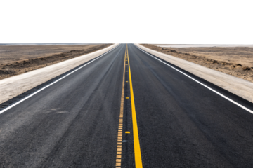 Straight asphalt road cutting through arid desert terrain with clear lane markings extending toward distant horizon, isolated on a transparent background