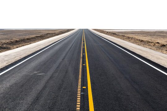 Straight asphalt road cutting through arid desert terrain with clear lane markings extending toward distant horizon, isolated on a transparent background