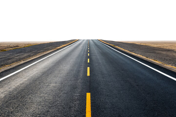 Fototapeta premium Straight paved road with yellow center line cutting through barren landscape extending to distant horizon, isolated on a transparent background